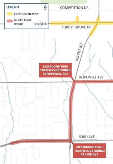 Middle Road South of Forest Grove Drive Detour Map